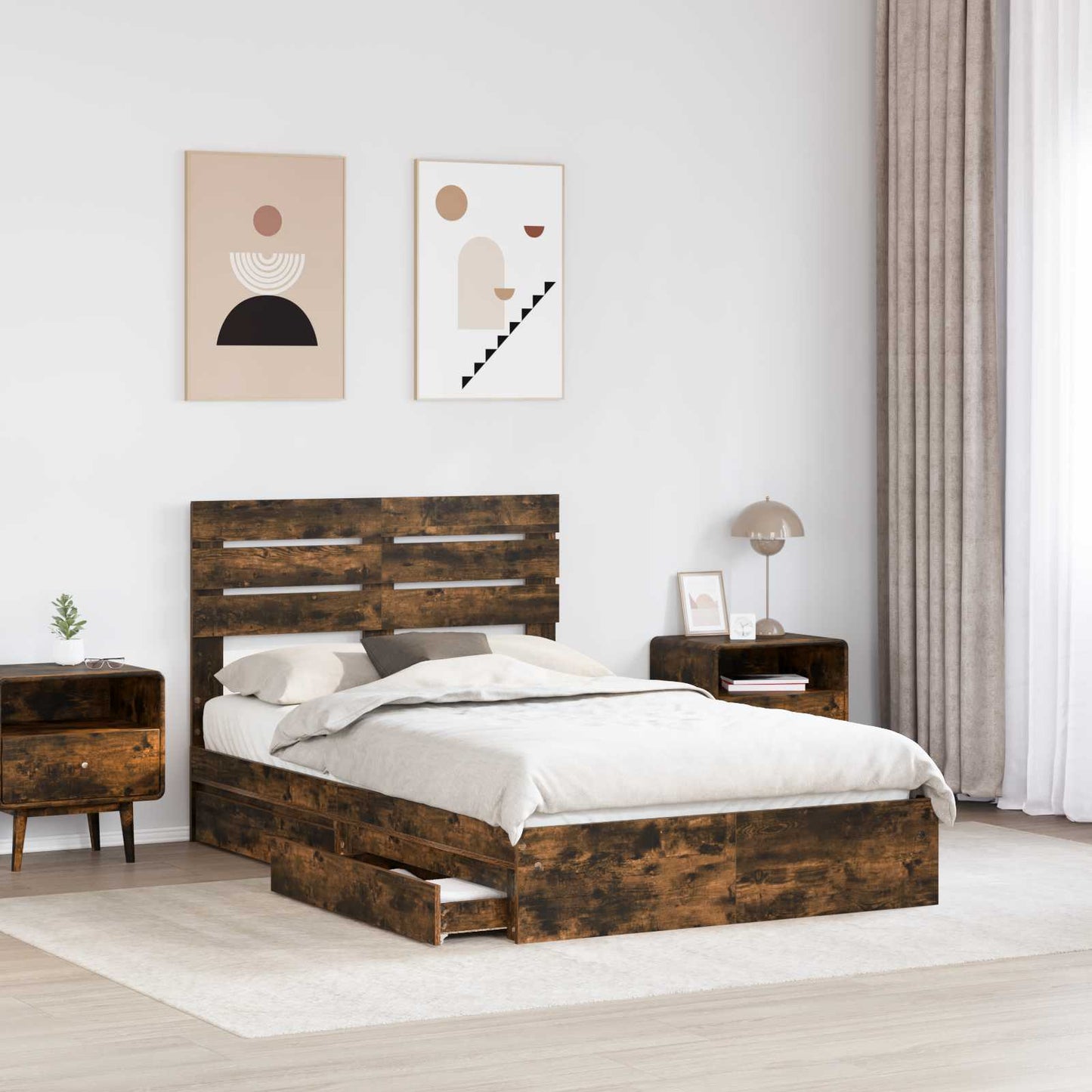Storage Bed with Drawer Smoked Oak 135 x 190 cm Engineered Wood