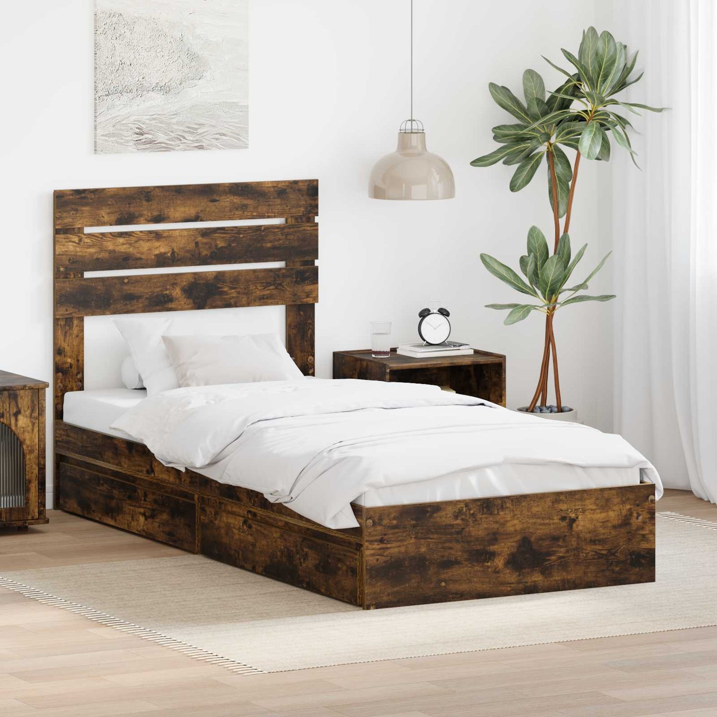 Storage Bed with Drawer Smoked Oak 75 x 190 cm Engineered Wood