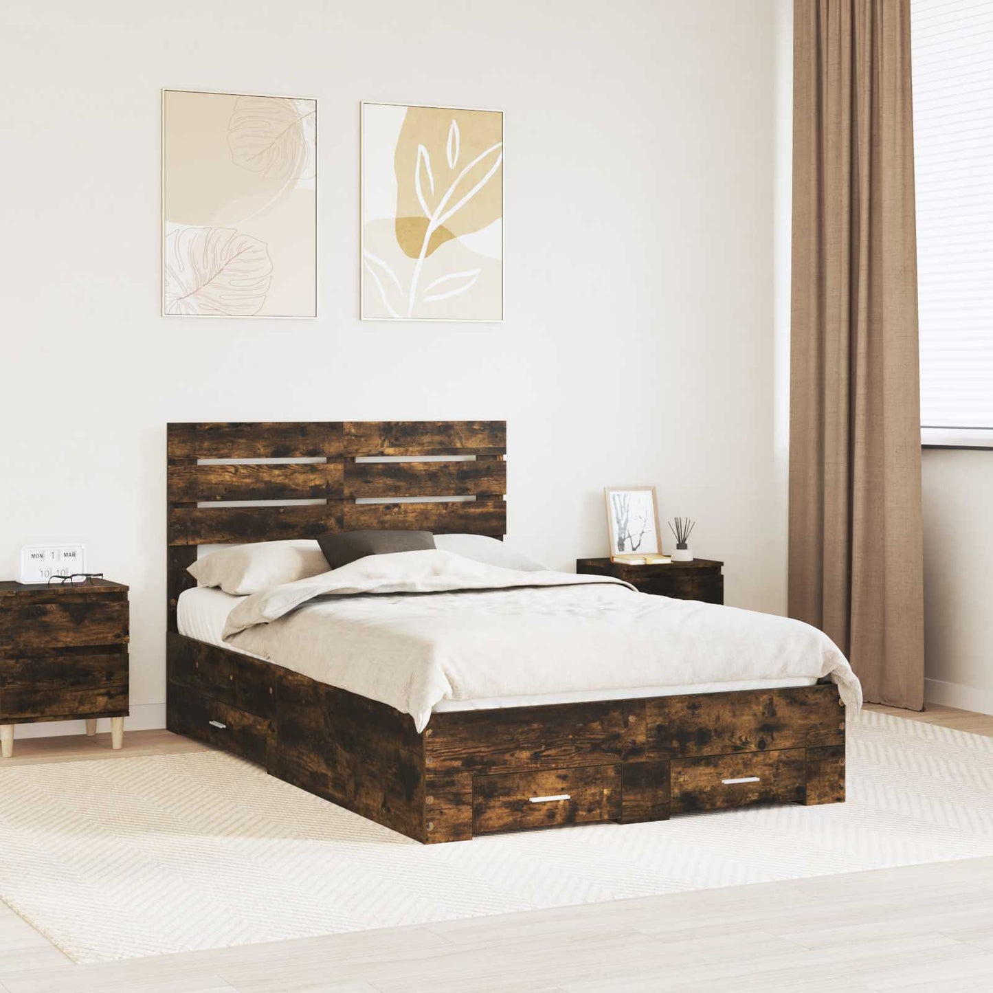 Bed Frame with Drawer Smoked Oak 135 x 190 cm Engineered Wood