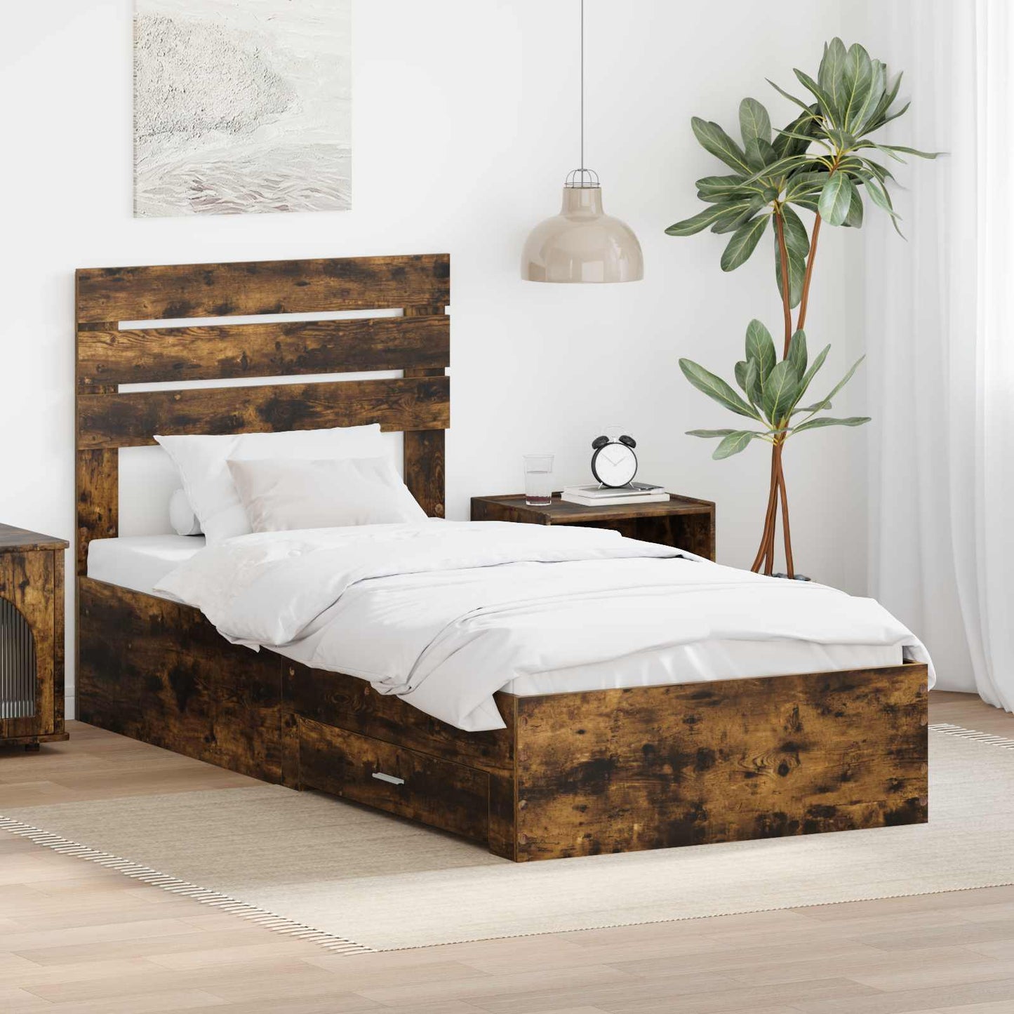Bed Frame with Drawer Smoked Oak 100 x 200 cm Engineered Wood