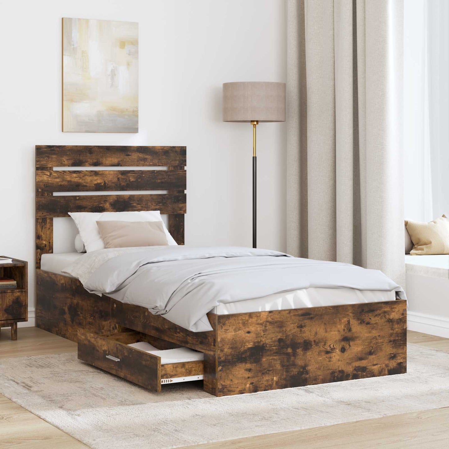 Bed Frame with Drawer Smoked Oak 100 x 200 cm Engineered Wood