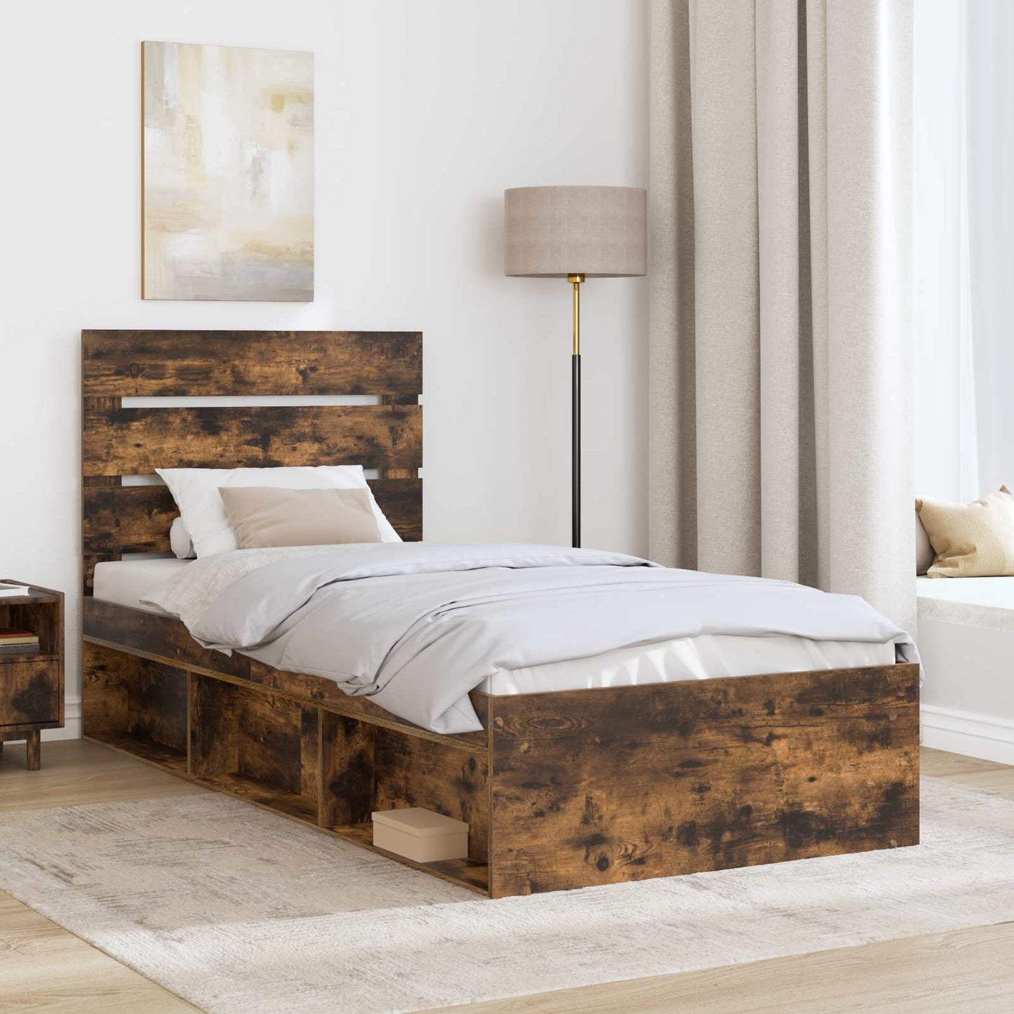 Bed Frame with Headboard Smoked Oak 75 x 190 cm Solid Pine Wood