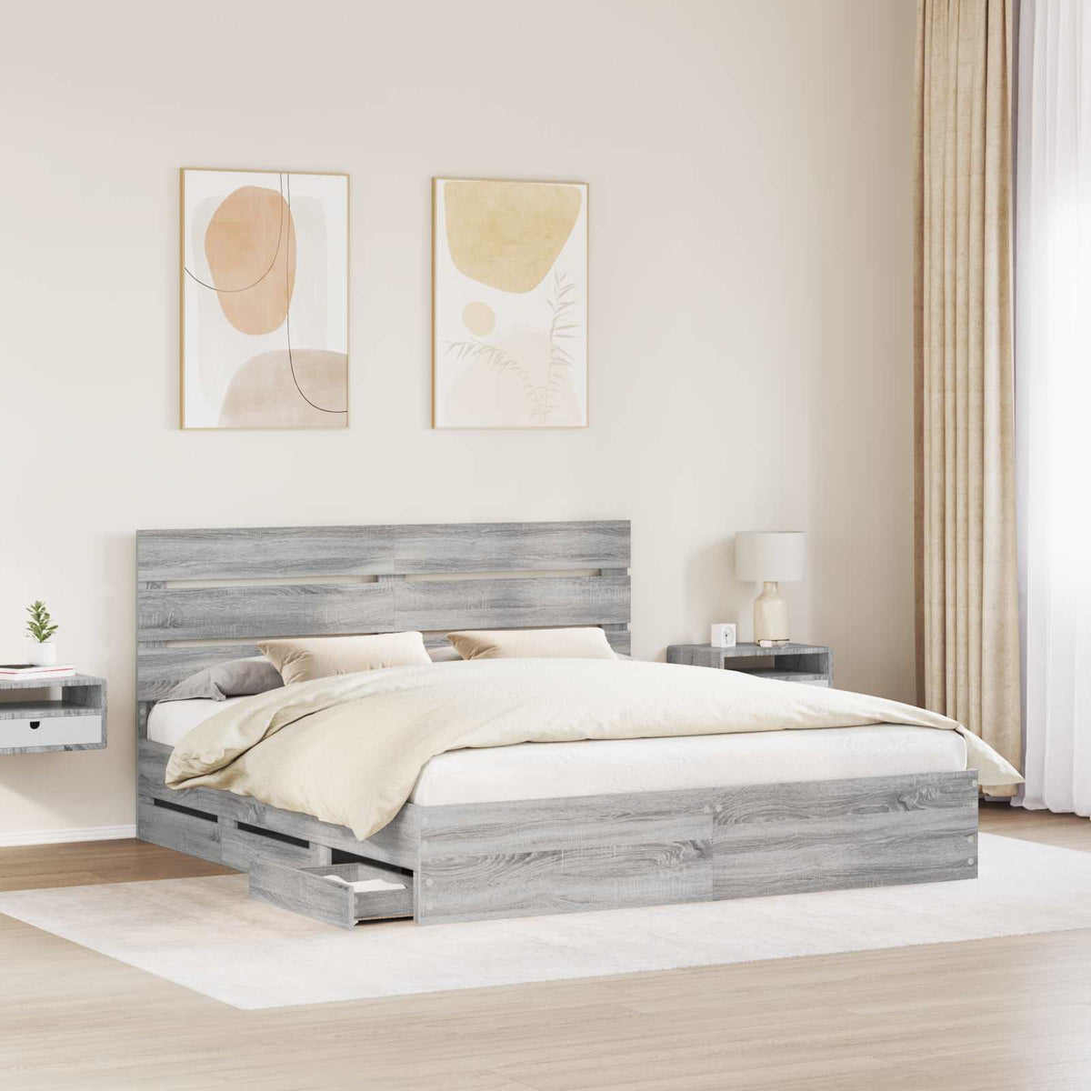 Bed Frame with Drawer Grey Sonoma 200 x 200 cm Engineer Wood