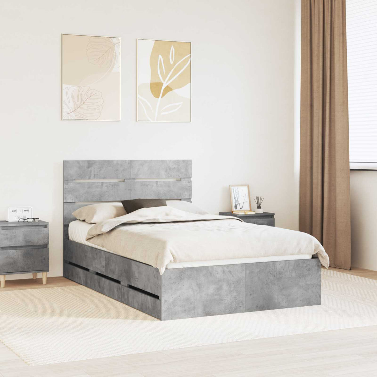 Bed Frame with Drawer Concrete Grey 135 x 190 cm Engineer Wood
