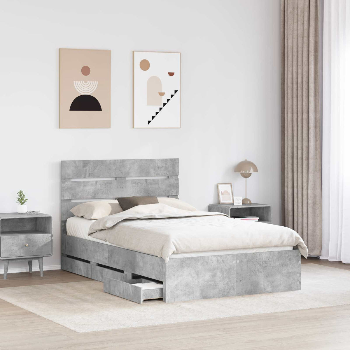 Bed Frame with Drawer Concrete Grey 135 x 190 cm Engineer Wood