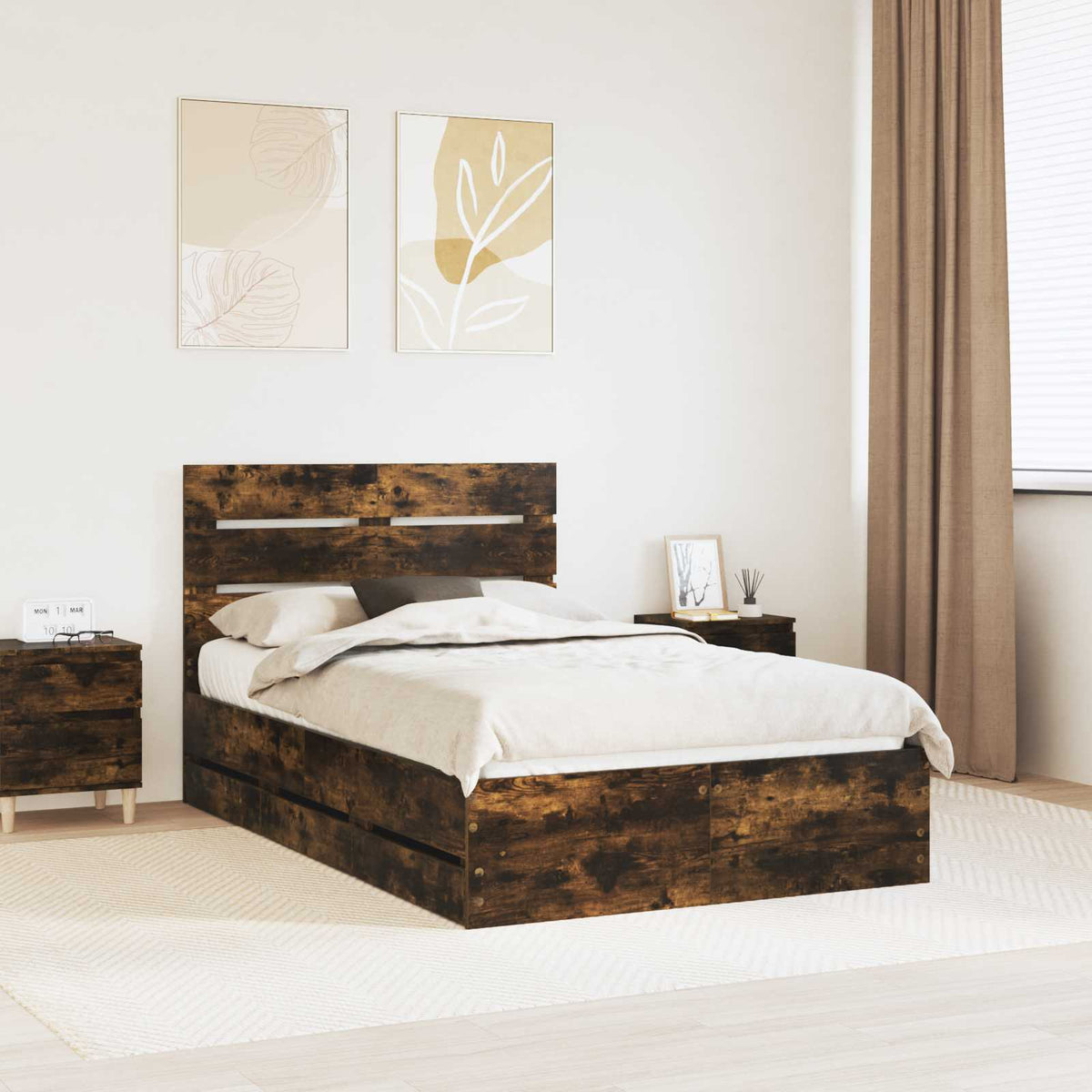 Bed Frame with Drawer Smoked Oak 120 x 190 cm Engineer Wood