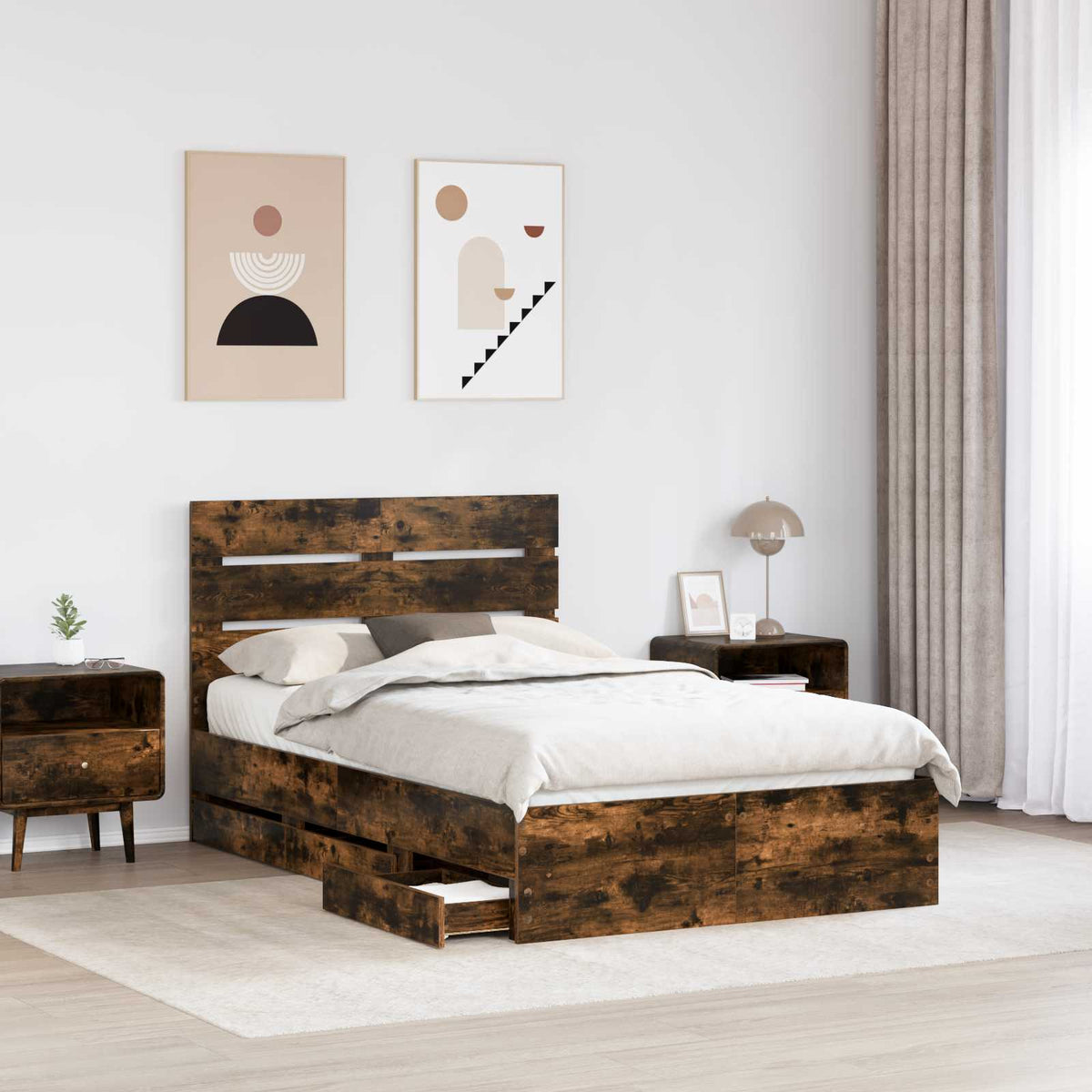 Bed Frame with Drawer Smoked Oak 120 x 190 cm Engineer Wood