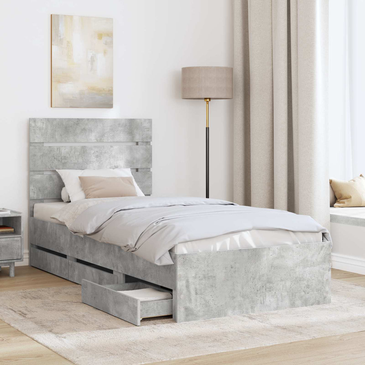 Bed Frame with Drawer Concrete Grey 90 x 190 cm Engineer Wood