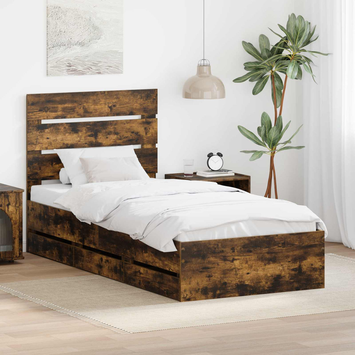 Bed Frame with Drawer Smoked Oak 90 x 190 cm Engineer Wood