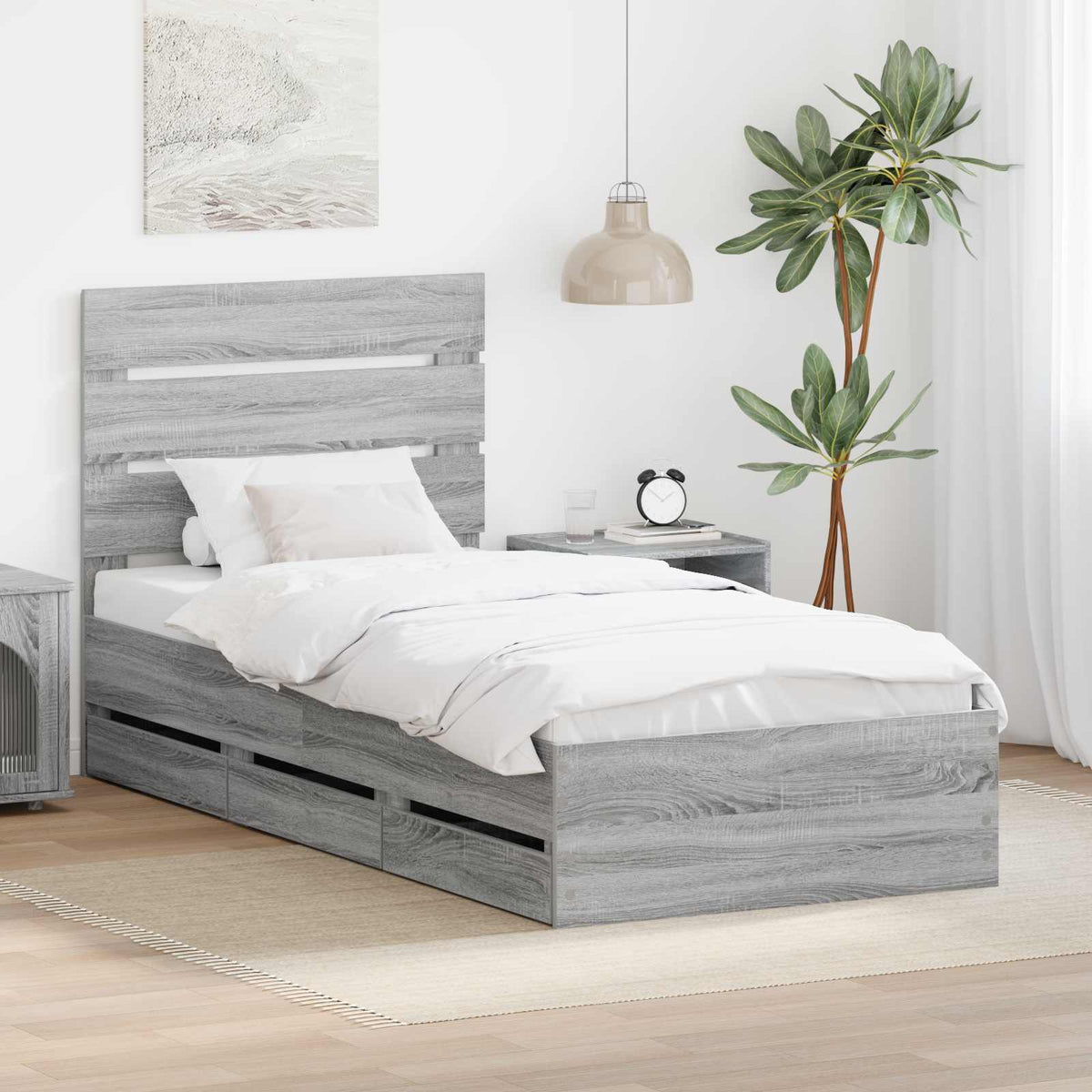 Bed Frame with Drawer Grey Sonoma 90 x 190 cm Engineer Wood