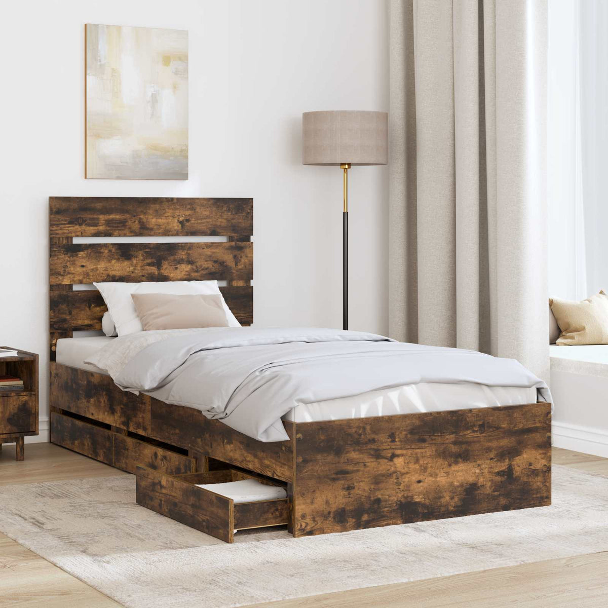 Bed Frame with Drawer Smoked Oak 75 x 190 cm Engineer Wood