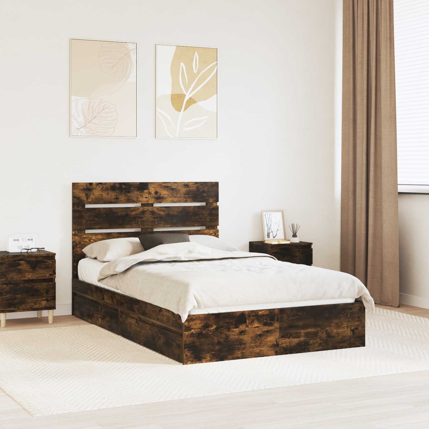 Storage Bed with Drawer Smoked Oak 135 x 190 cm Engineered Wood