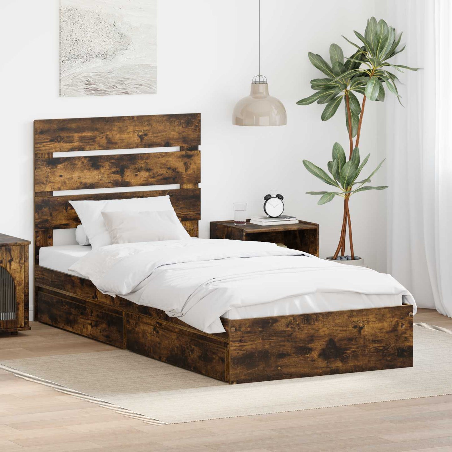 Storage Bed with Drawer Smoked Oak 100 x 200 cm Engineered Wood