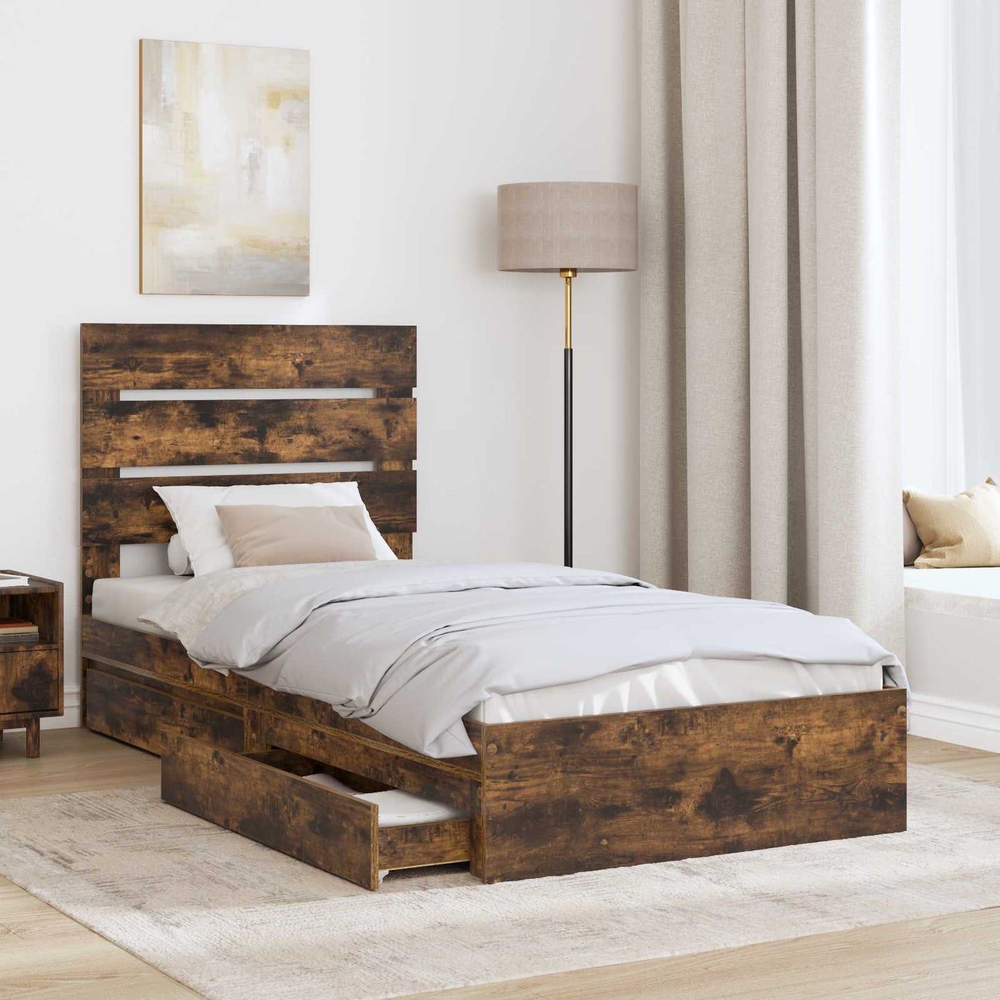 Storage Bed with Drawer Smoked Oak 100 x 200 cm Engineered Wood