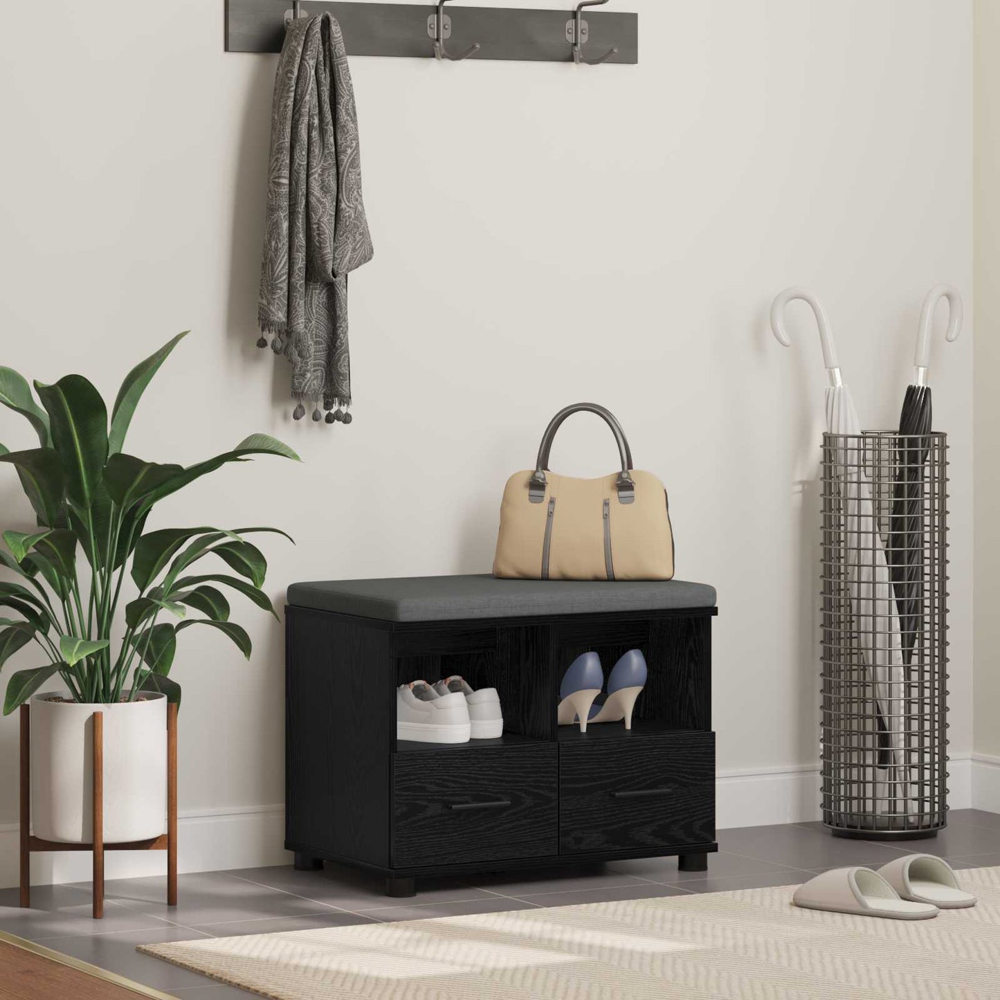 Hall Bench Black Oak 60 x 38 x 46 cm Engineered Wood and Fabric