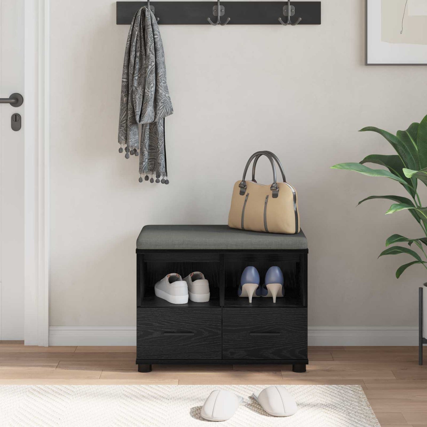 Hall Bench Black Oak 60 x 38 x 46 cm Engineered Wood and Fabric