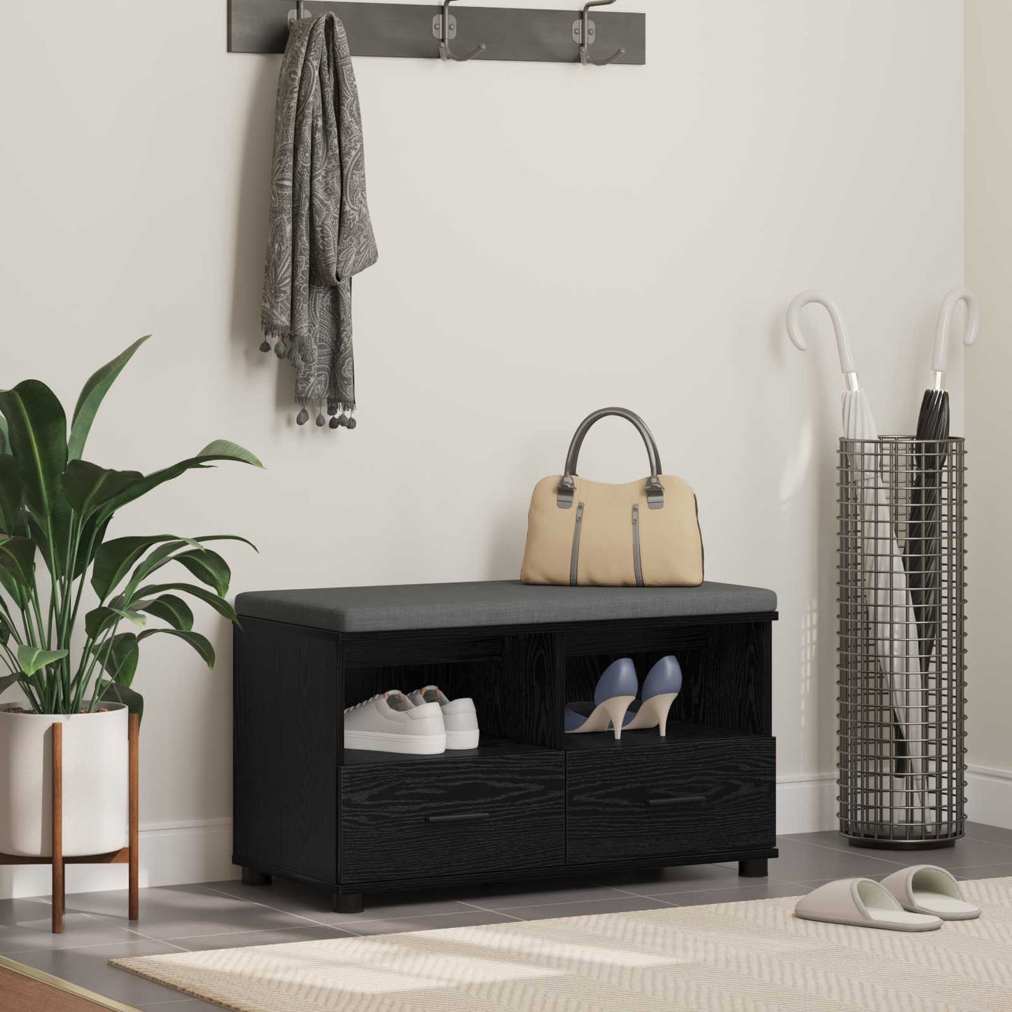 Hall Bench Black Oak 80 x 38 x 46 cm Engineered Wood and Fabric