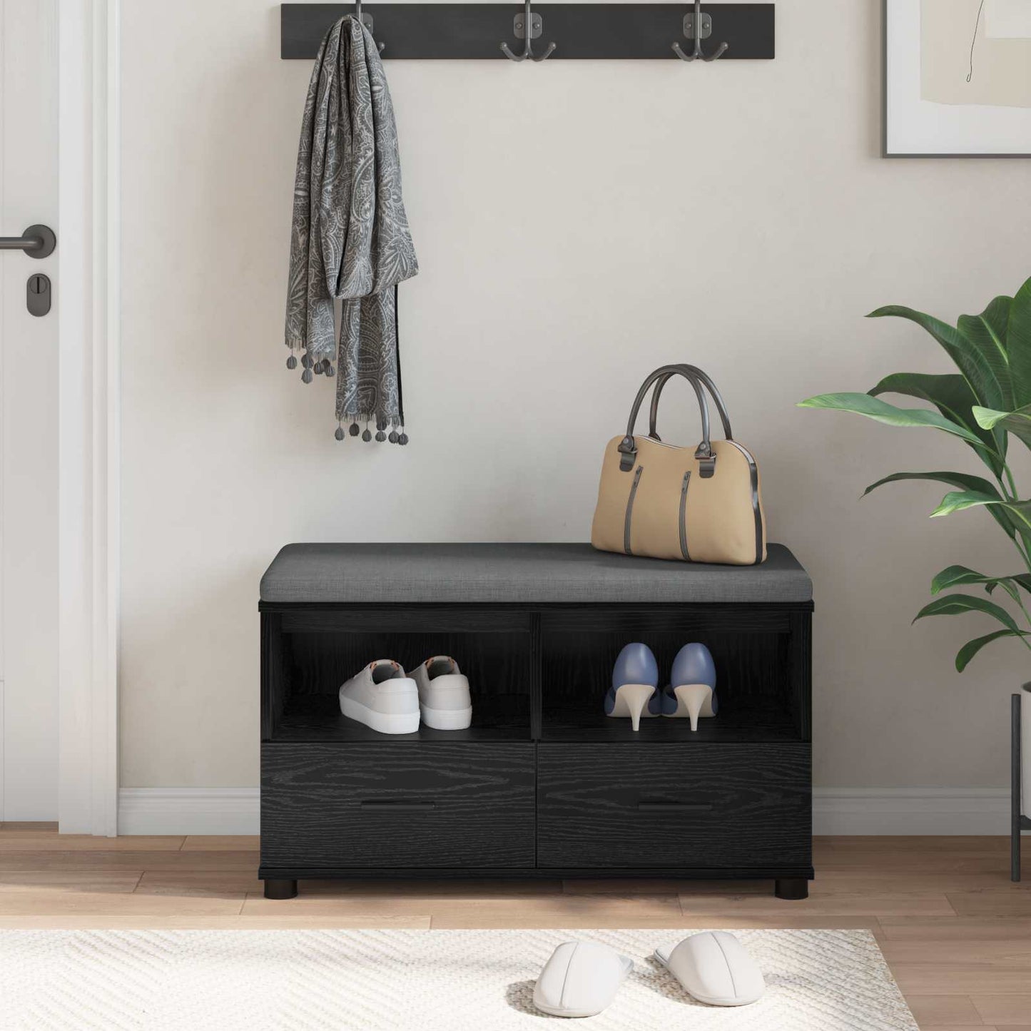 Hall Bench Black Oak 80 x 38 x 46 cm Engineered Wood and Fabric