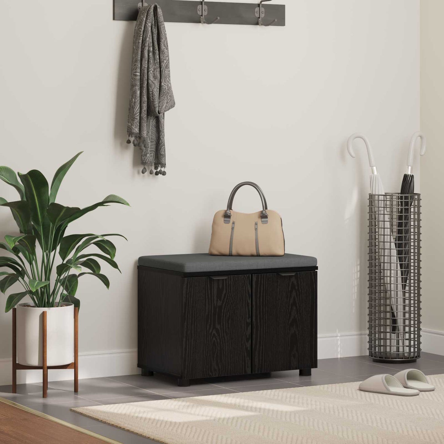 Hall Bench Black Oak 60 x 38 x 46 cm Engineered Wood and Fabric