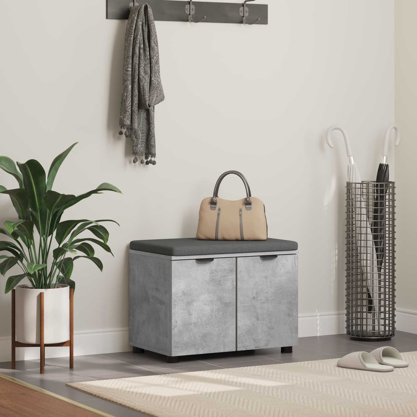 Hall Bench with Cushion with Door Concrete Grey 60 x 38 x 46 cm