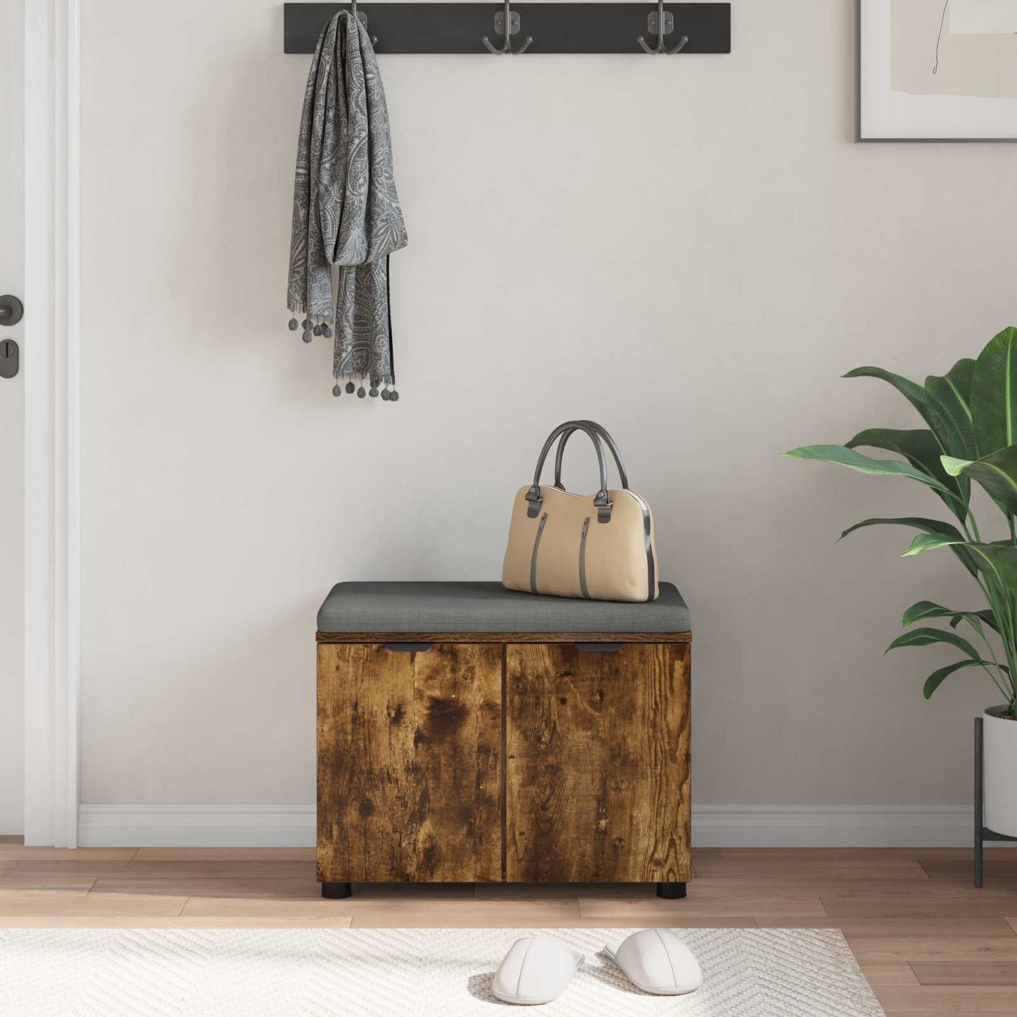 Hall Bench with Cushion with Shelf Smoked Oak 60 x 38 x 46 cm