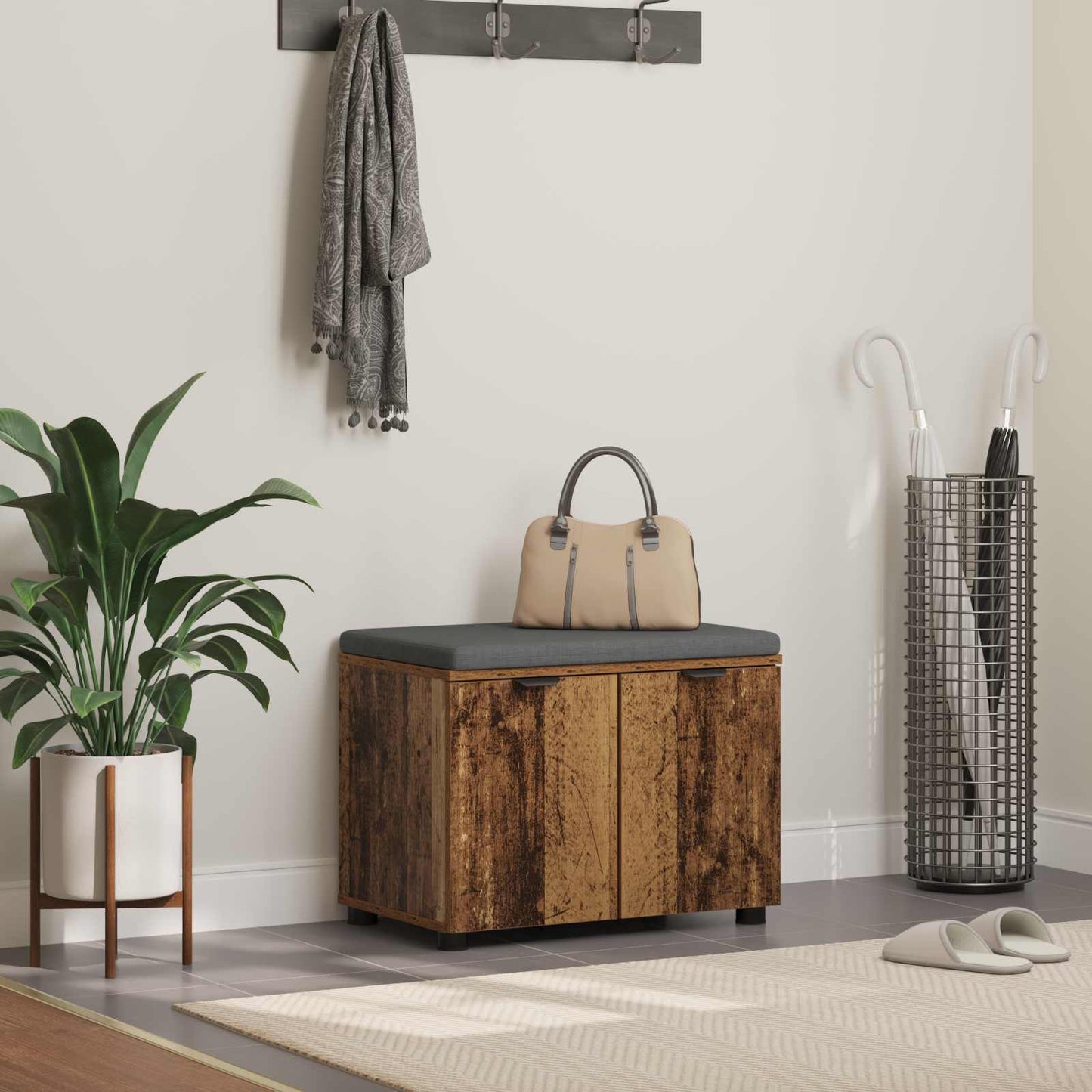 Hall Bench Old Wood 60 x 38 x 46 cm Engineered Wood and Fabric