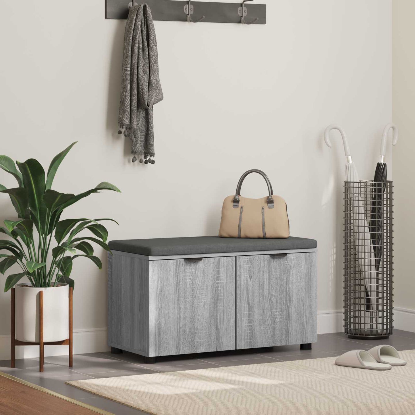 Hall Bench with Cushion with Shelf Grey Sonoma 80 x 38 x 46 cm