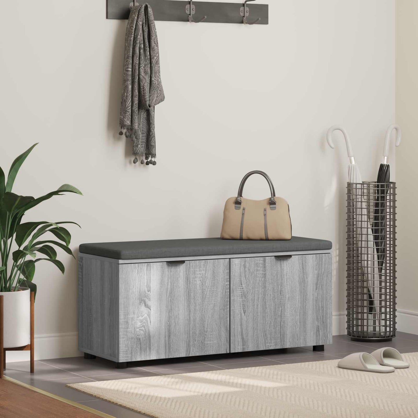 Hall Bench with Cushion with Shelf Grey Sonoma 100 x 38 x 46 cm