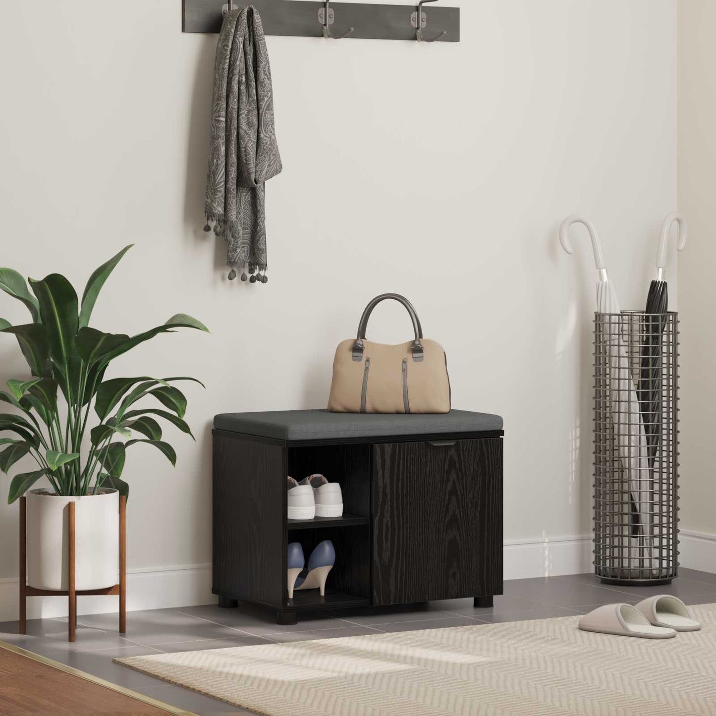 Hall Bench Black Oak 60 x 38 x 46 cm Engineered Wood and Fabric