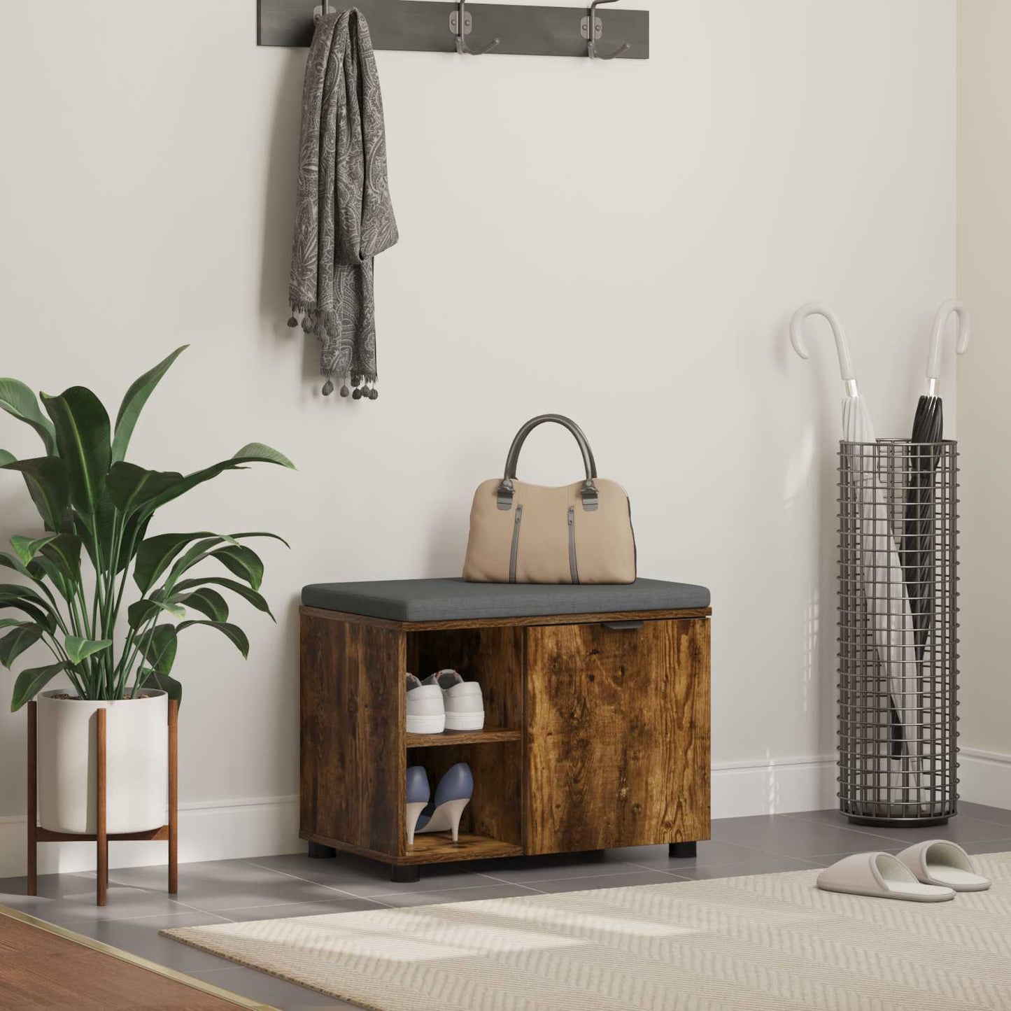 Hall Bench with Cushion with Shelf Smoked Oak 60 x 38 x 46 cm