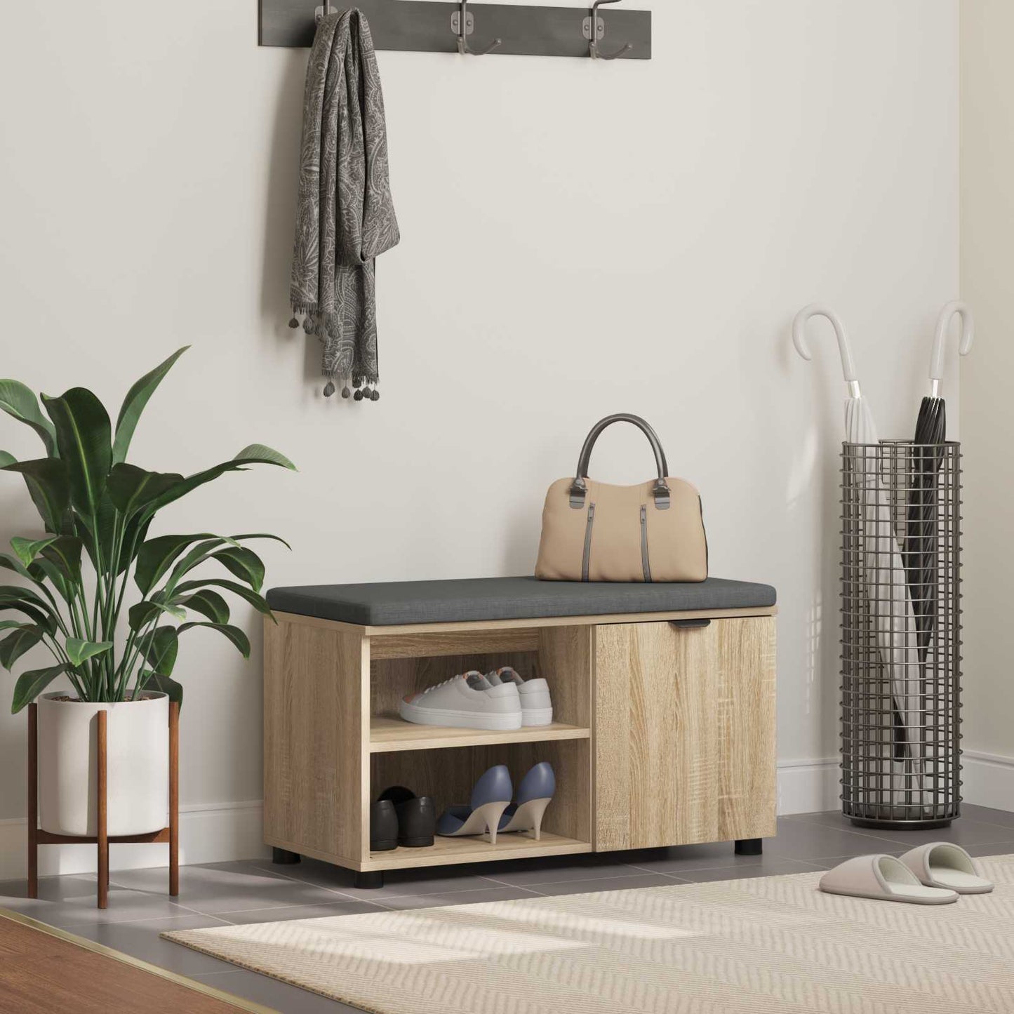 Hall Bench with Cushion with Shelf Sonoma Oak 80 x 38 x 46 cm