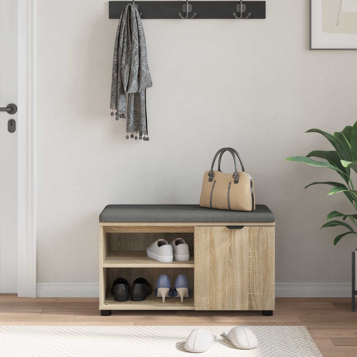 Hall Bench with Cushion with Shelf Sonoma Oak 80 x 38 x 46 cm