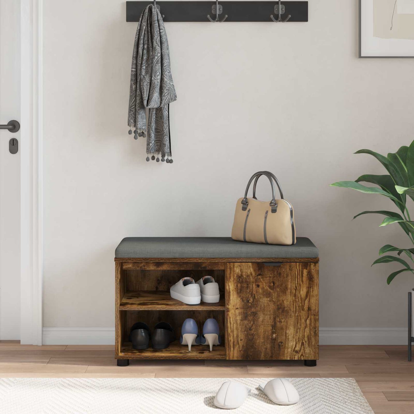 Hall Bench with Cushion with Shelf Smoked Oak 80 x 38 x 46 cm