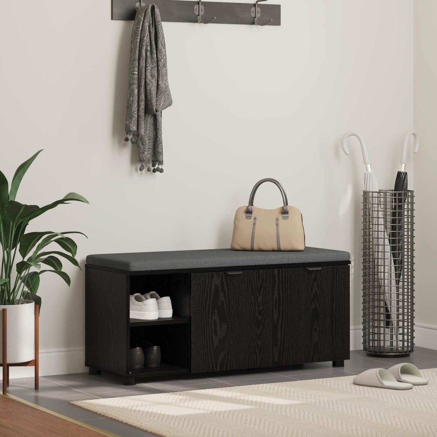 Hall Bench with Cushion with Shelf Black Oak 100 x 38 x 46 cm