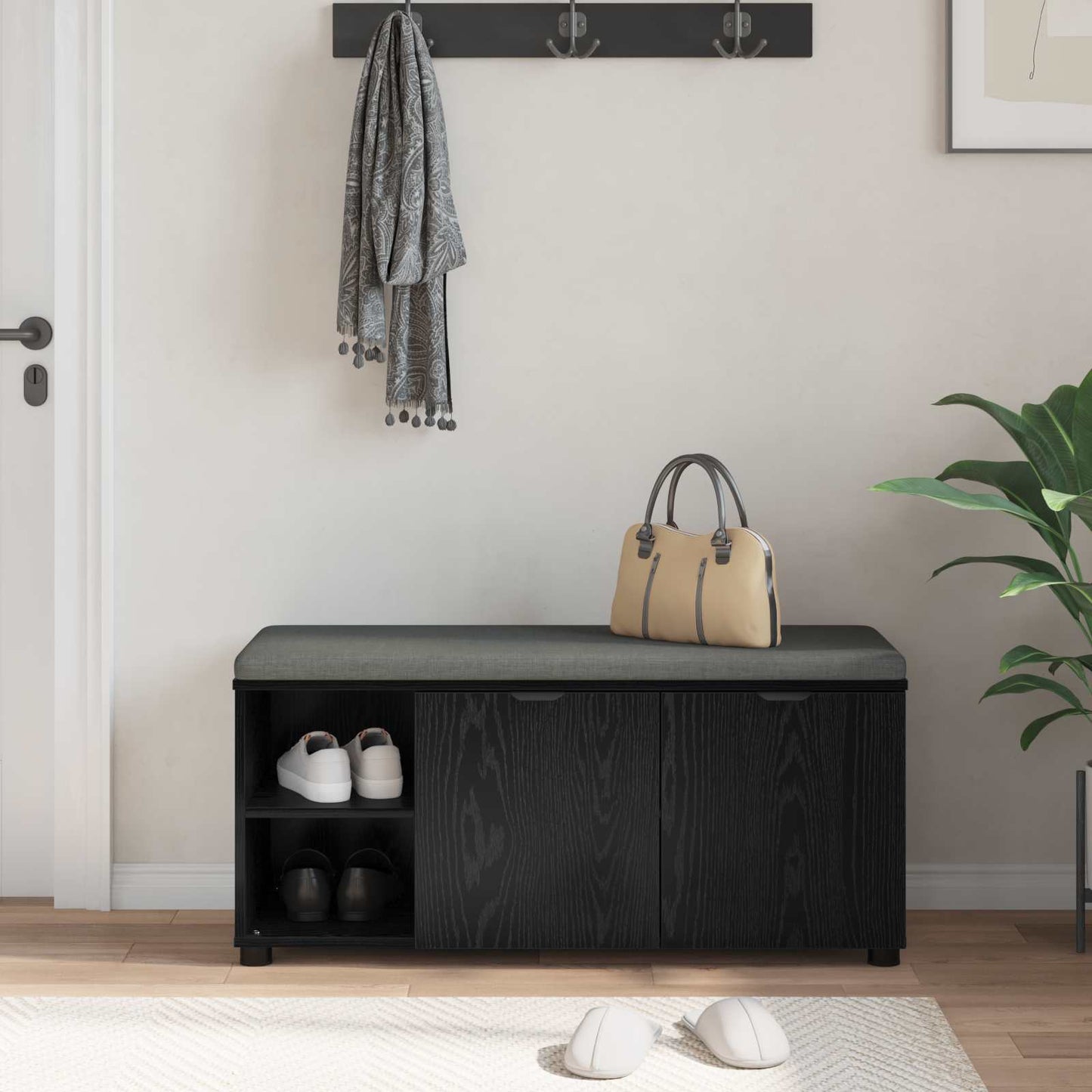 Hall Bench with Cushion with Shelf Black Oak 100 x 38 x 46 cm