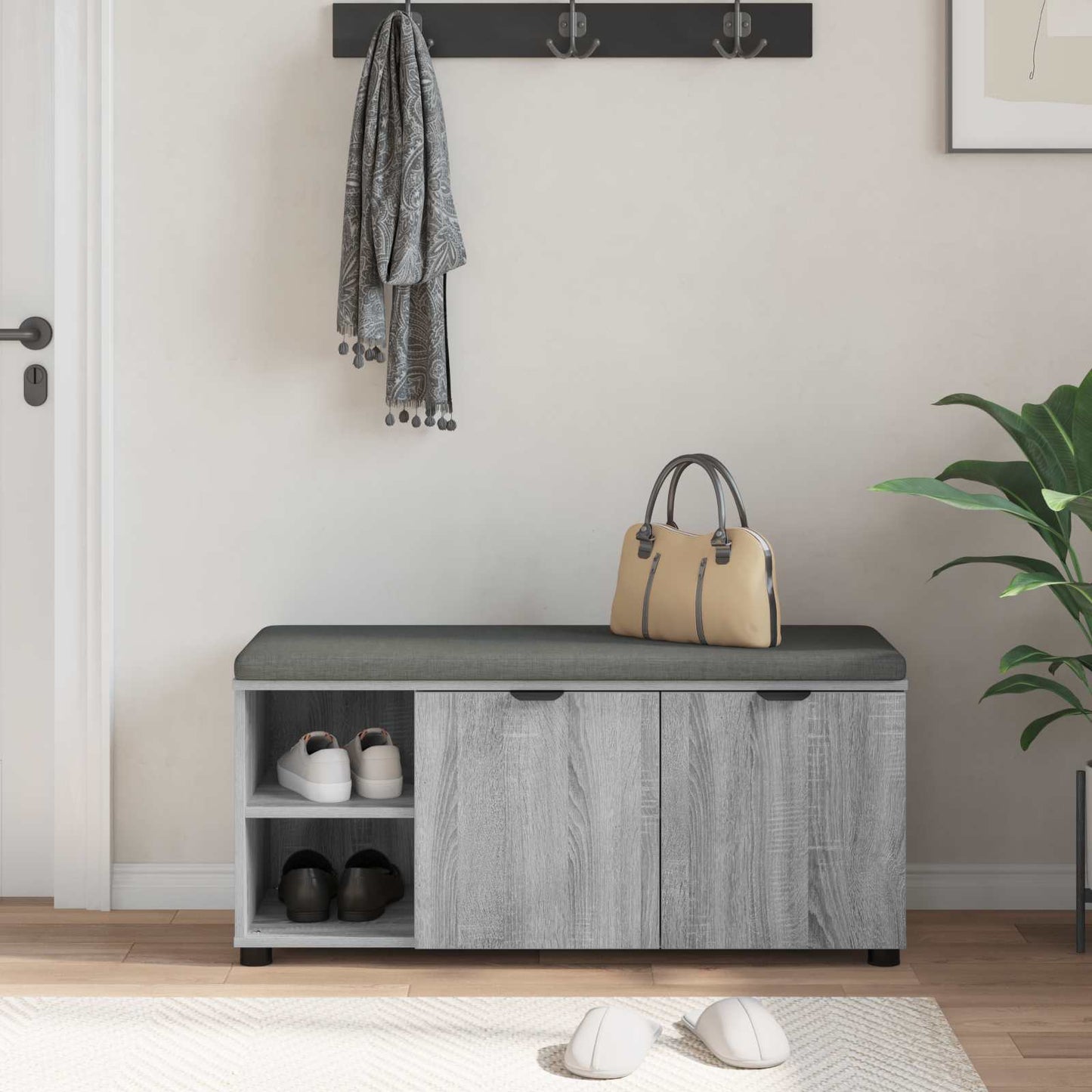 Hall Bench with Cushion with Shelf Grey Sonoma 100 x 38 x 46 cm