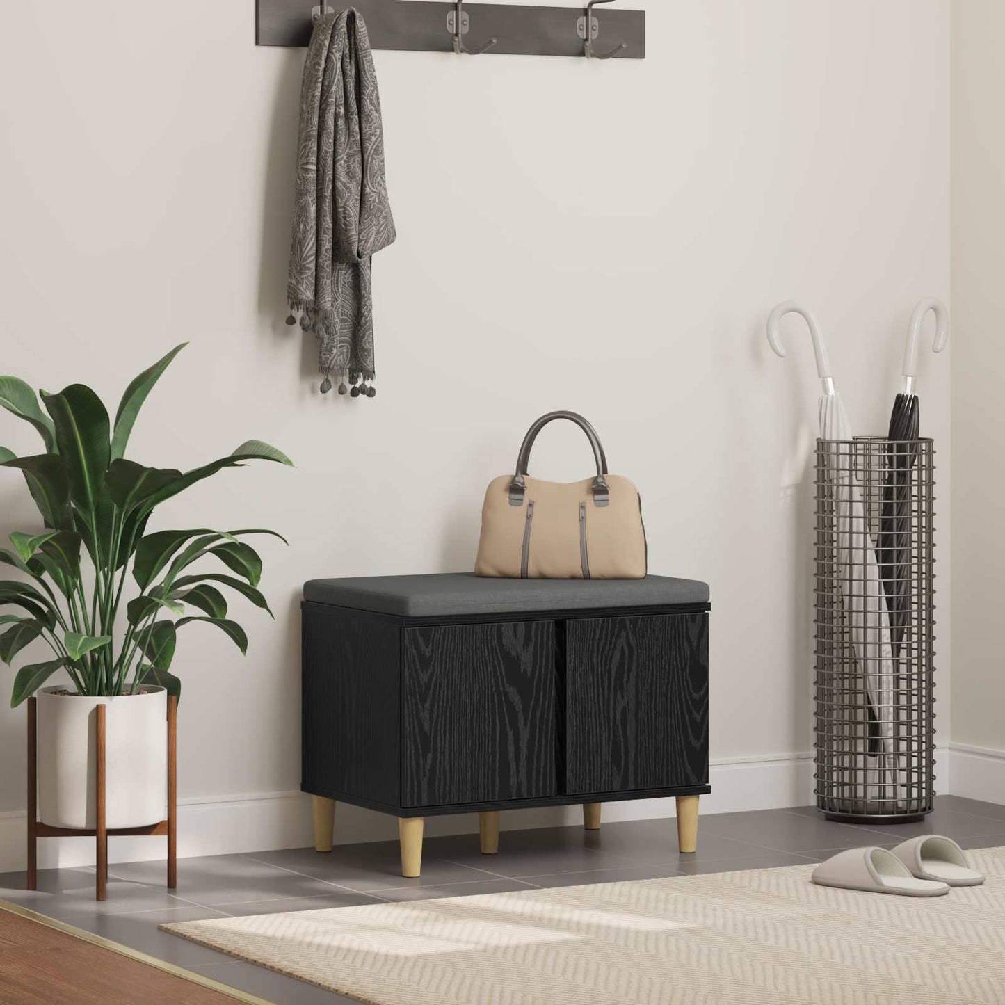 Hall Bench Black Oak 60 x 38 x 46 cm Engineered Wood and Fabric