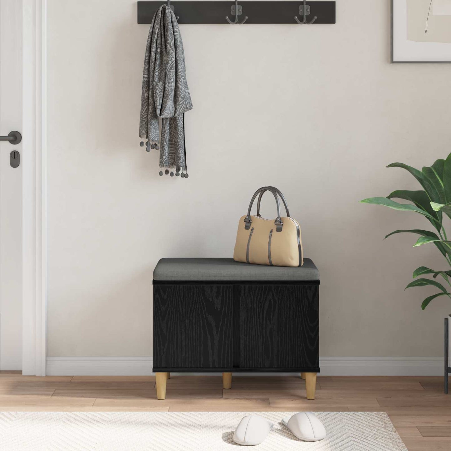 Hall Bench Black Oak 60 x 38 x 46 cm Engineered Wood and Fabric