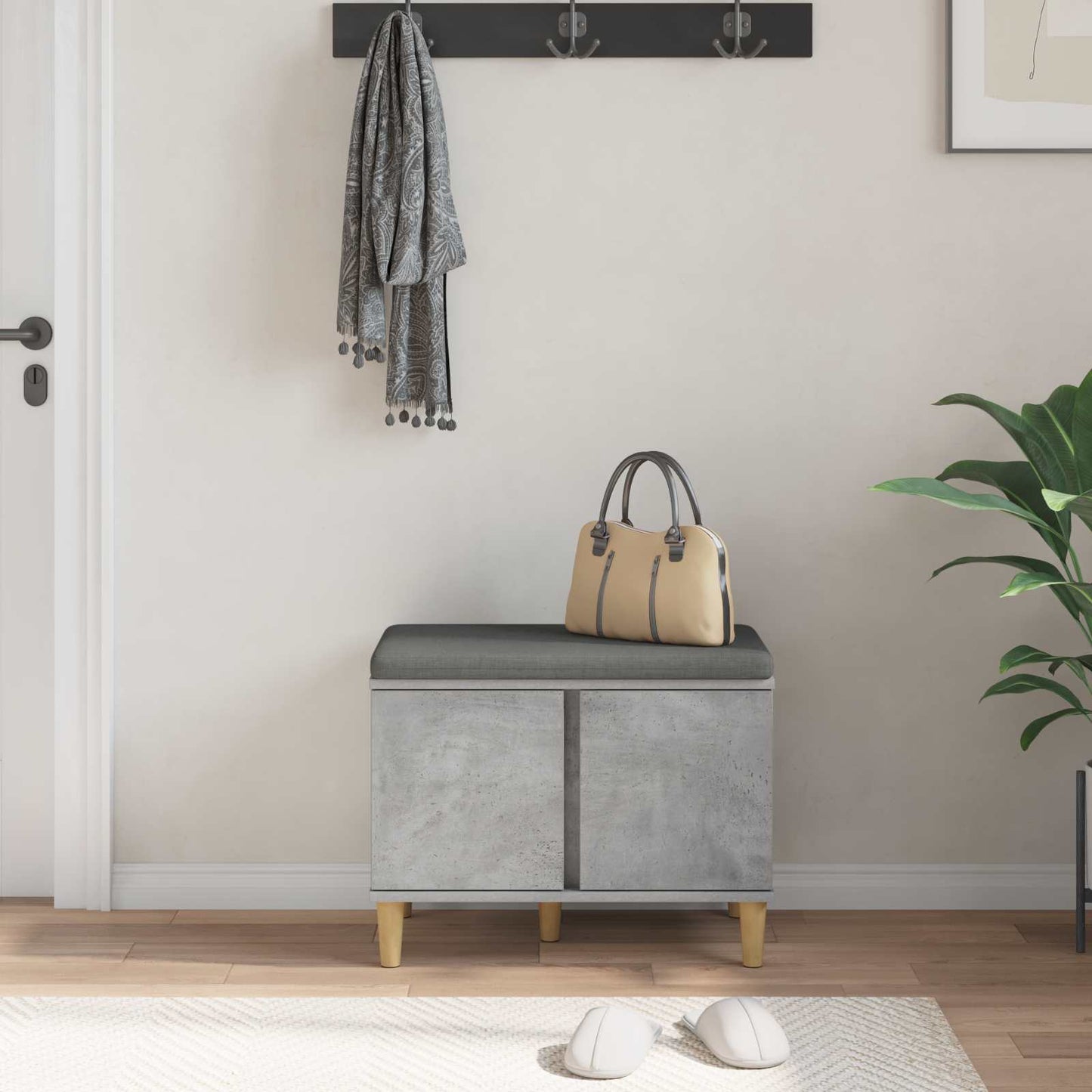 Hall Bench with Cushion with Door Concrete Grey 60 x 38 x 46 cm