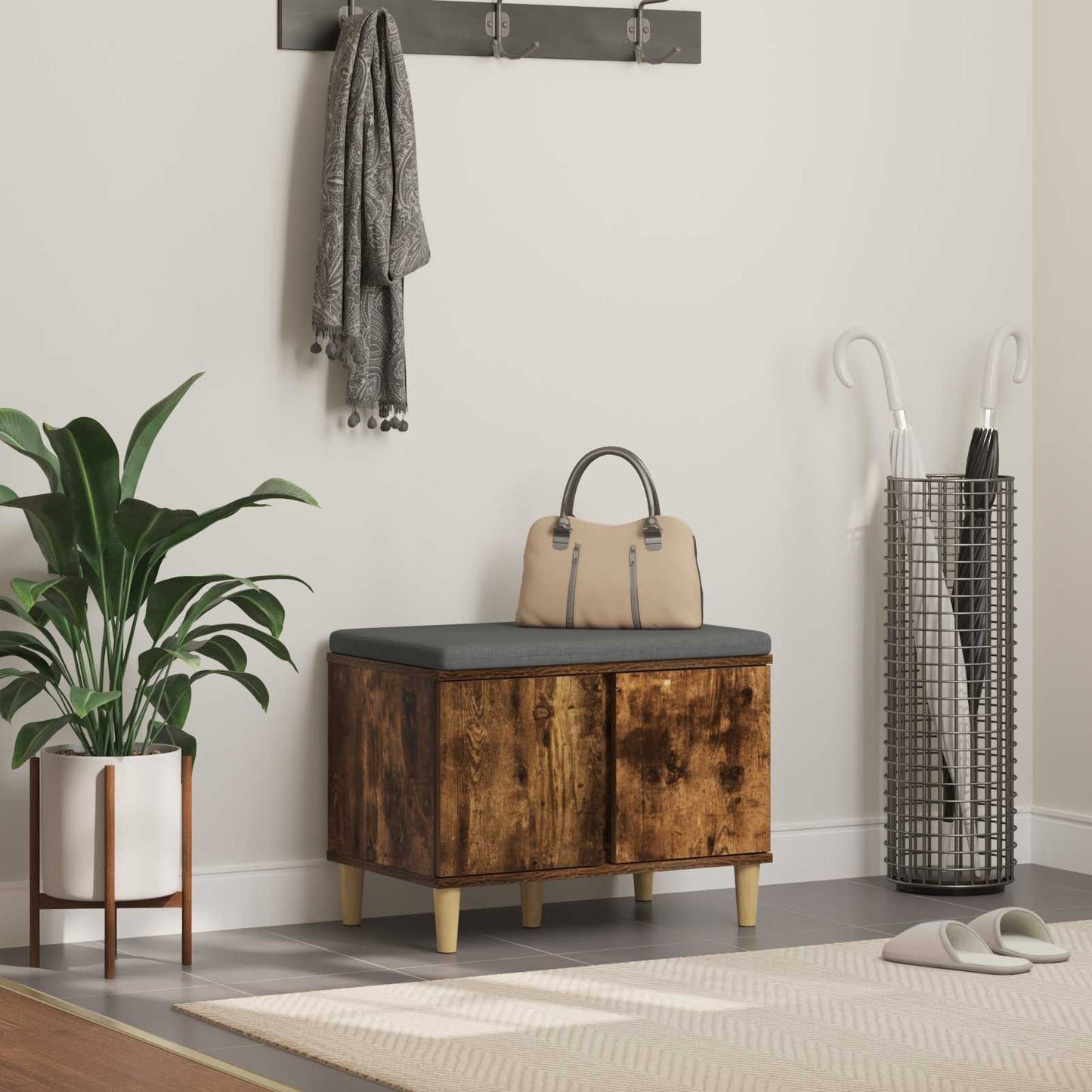 Hall Bench with Cushion with Storage Smoked Oak 60 x 38 x 46 cm