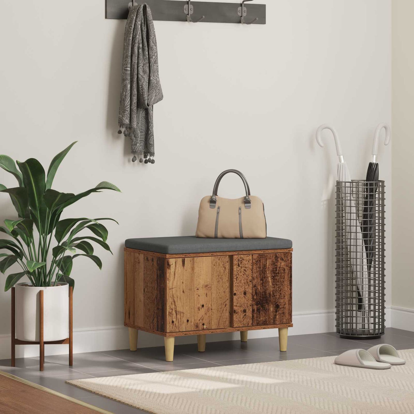 Hall Bench Old Wood 60 x 38 x 46 cm Engineered Wood and Fabric