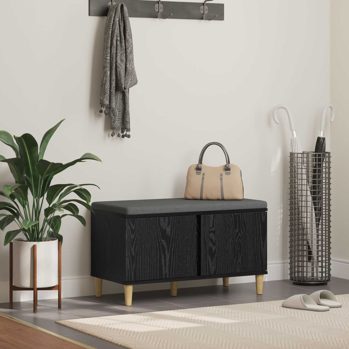 Hall Bench Black Oak 80 x 38 x 46 cm Engineered Wood and Fabric