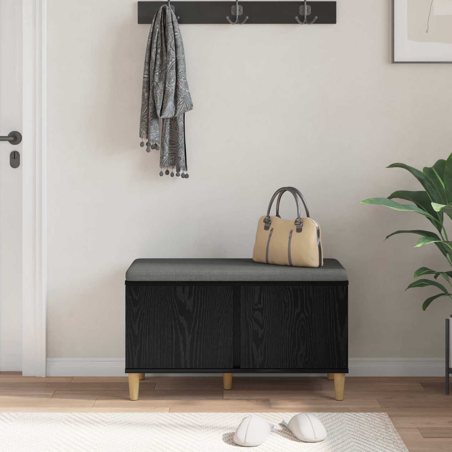 Hall Bench Black Oak 80 x 38 x 46 cm Engineered Wood and Fabric