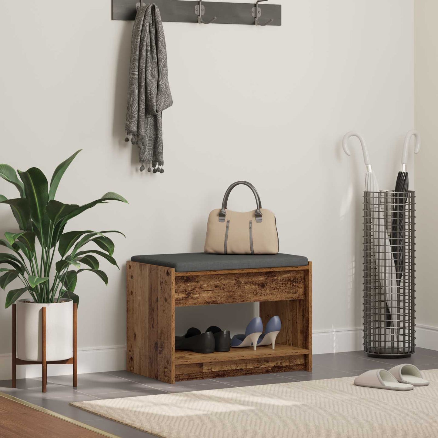 Hall Bench Old Wood 63 x 38 x 45 cm Engineered Wood and Fabric