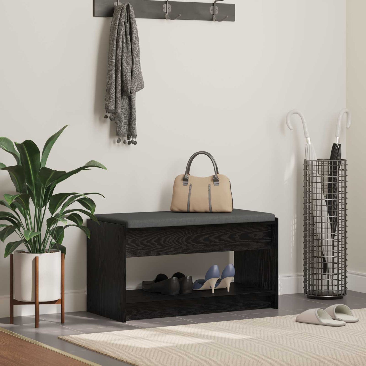 Hall Bench Black Oak 83 x 38 x 45 cm Engineered Wood and Fabric