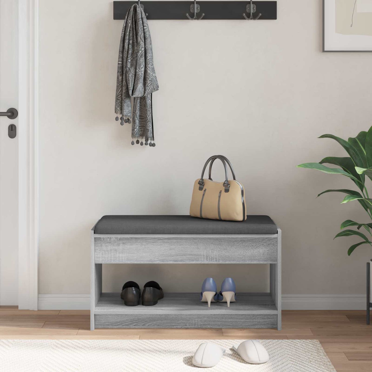 Hall Bench with Cushion with Shelf Grey Sonoma 83 x 38 x 45 cm