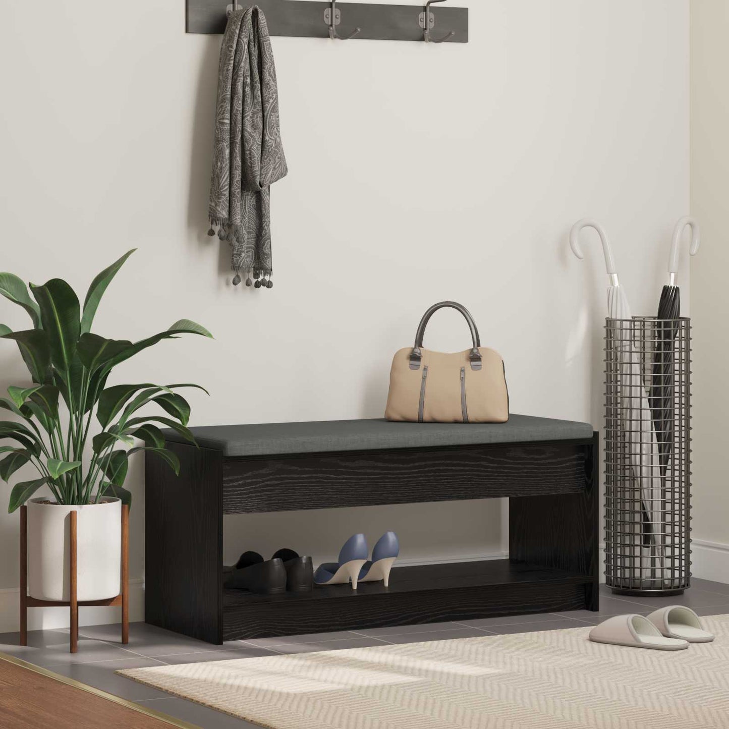 Hall Bench with Cushion with Shelf Black Oak 103 x 38 x 45 cm