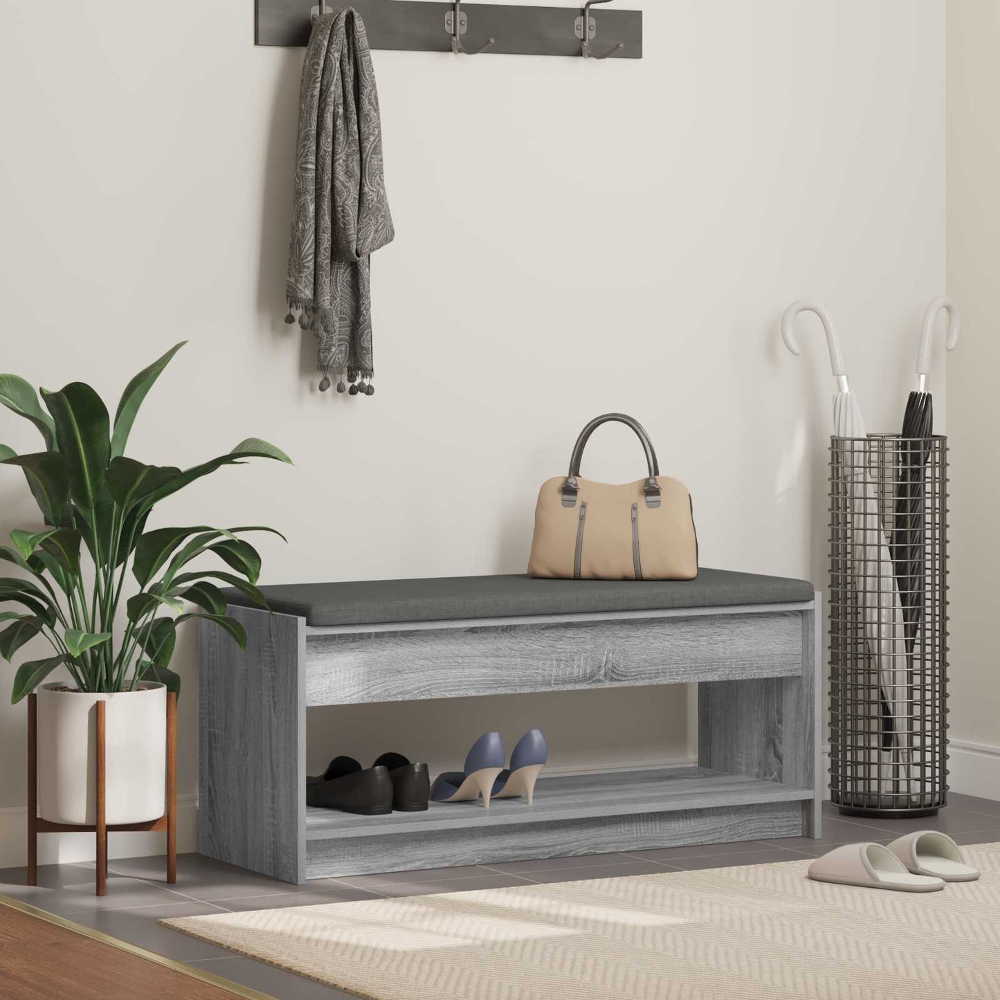 Hall Bench with Cushion with Shelf Grey Sonoma 103 x 38 x 45 cm
