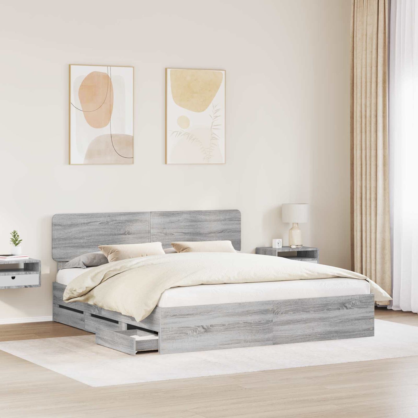Bed Frame with Drawer Grey Sonoma 200 x 200 cm Engineered Wood