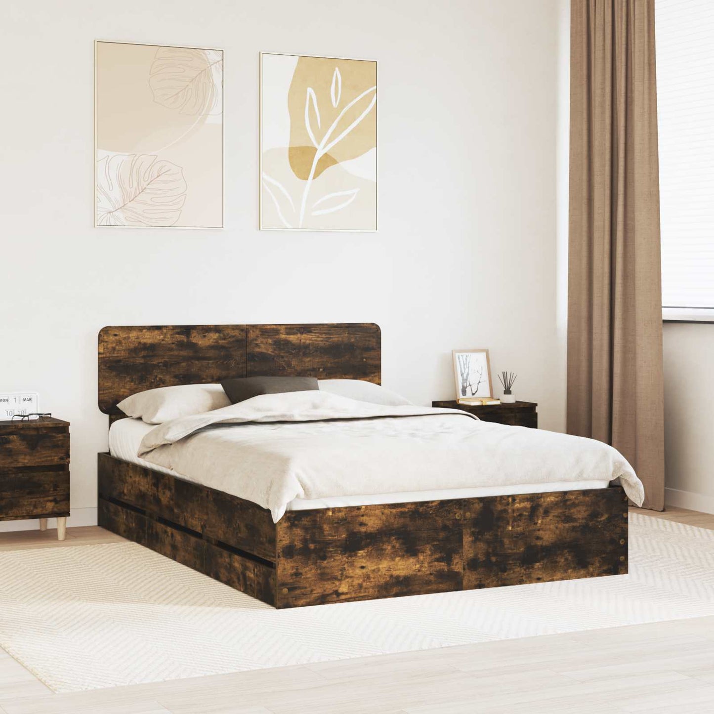 Bed Frame with Drawer Smoked Oak 140 x 200 cm Engineered Wood